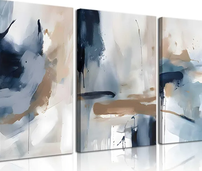 3Pcs Framed Navy Blue Wall Art Abstract Modern Brown Watercolor Canvas Posters Prints Minimalist Neutral Wall Decor Pictures for Living Room Bedroom Home Decoration 16x24in
