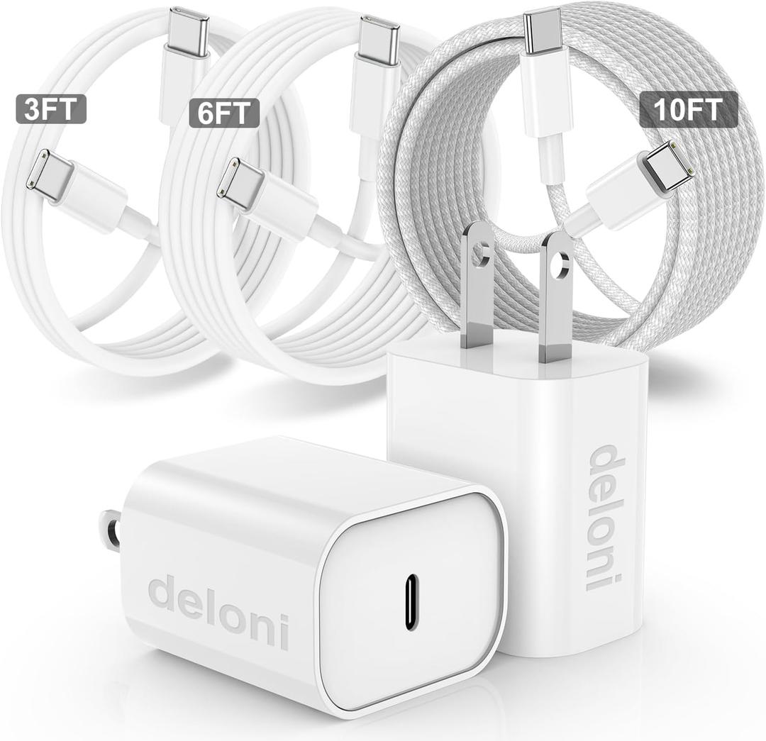 New iPhone 15 16 Chargers Fast Charging, 2Pack 20W USB C Wall Charger for iPhone 16 Pro Max with 3Pack [10FT+6FT+3FT] USB C to USB C Cable Compaitble with iPhone 16/16 Plus/15/15 Pro Max/iPad Pro (White)