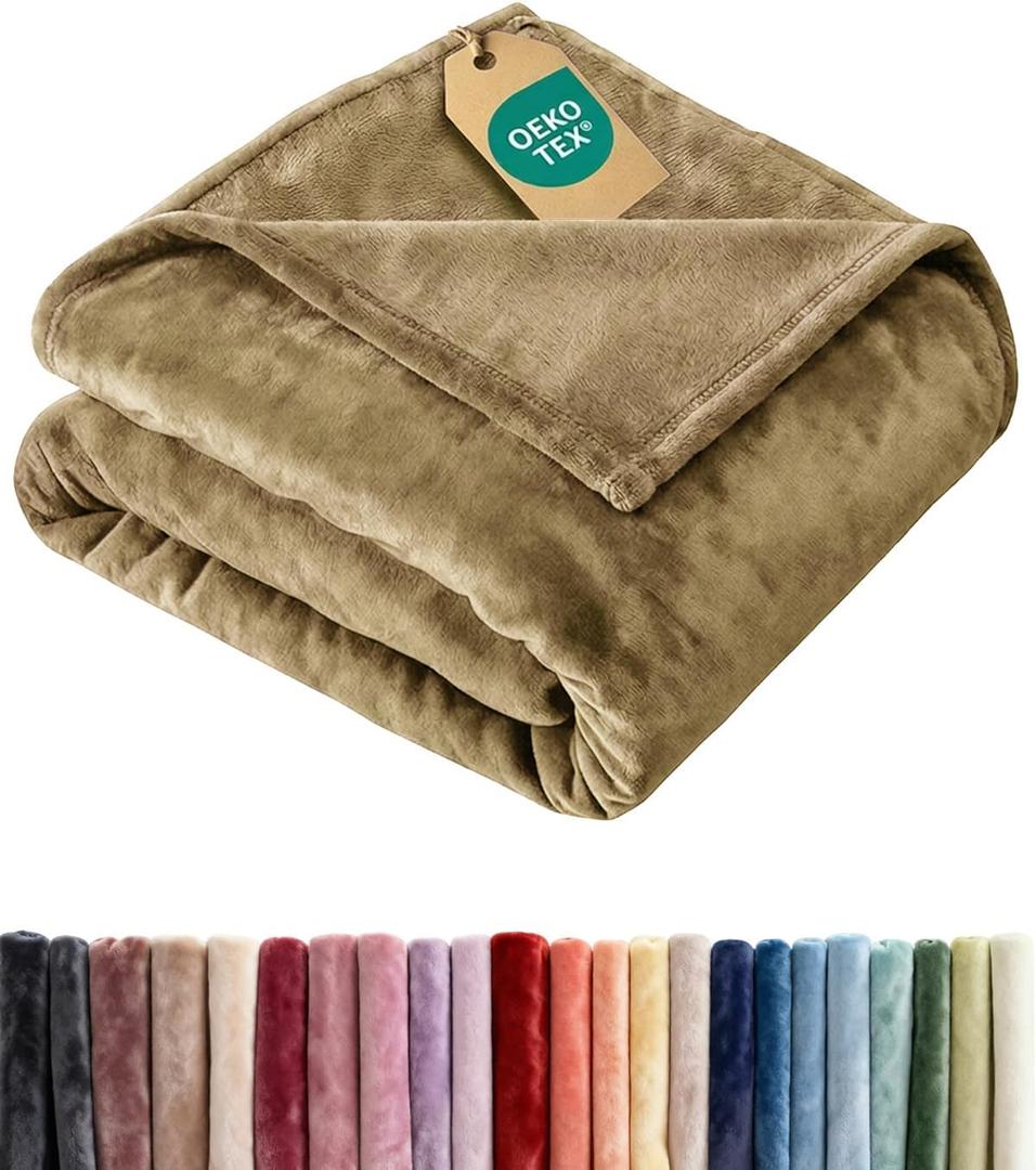 Ultra Soft Fleece Blanket Queen Size - Flannel Fleece Luxury Queen Blanket - Lightweight for Couch Bed Chair - Thick, Warm and Breathable - All Season Cozy Fuzzy, Anti-Static Microplush Bedding, Camel