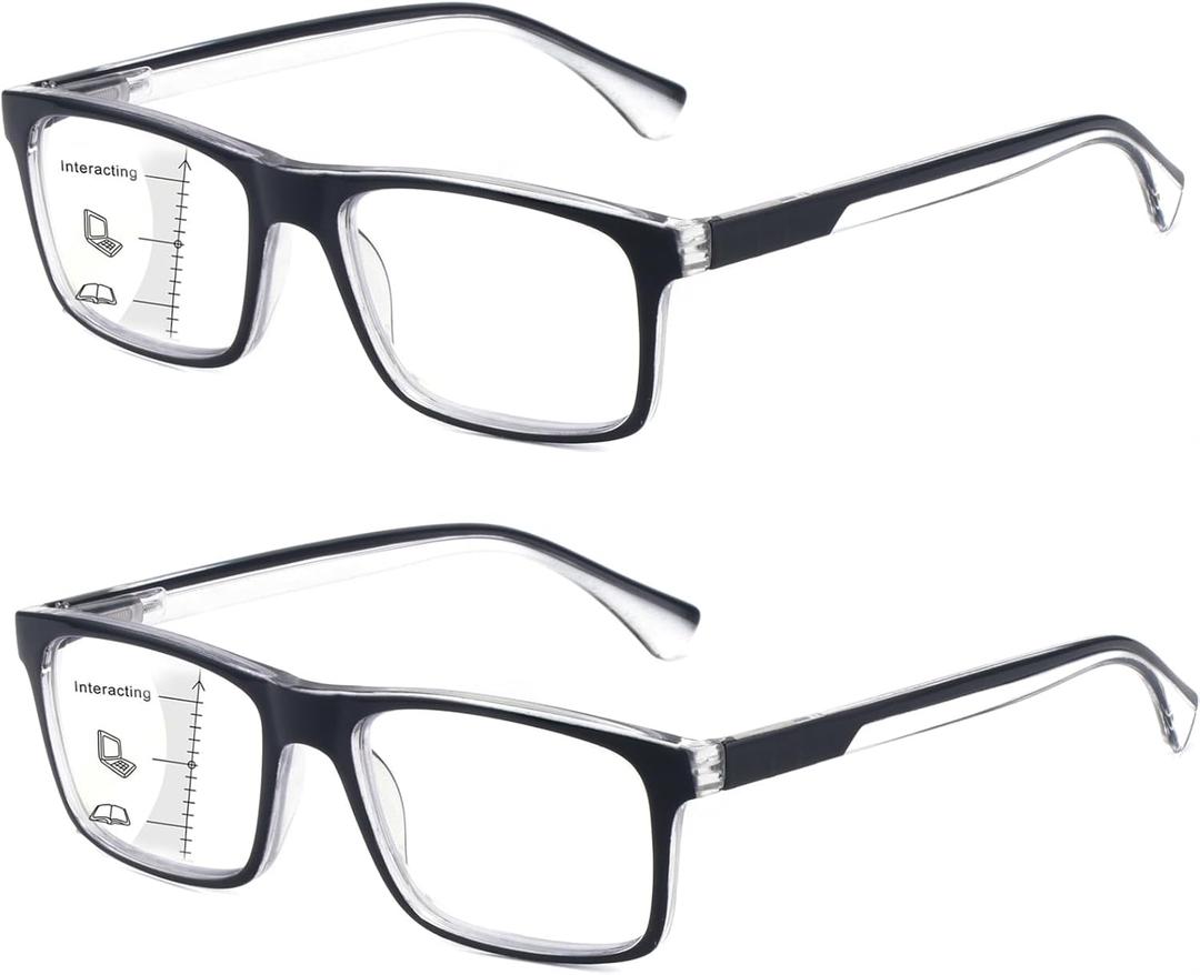 Missfive 2-Pack Men's Light Multifocus Progressive Reading Glasses Blue Light Blocking, Multifocal Spring Hinge No-Line Trifocal Readers Black Eyeglasses(Workspace For Near Range, +1.5)