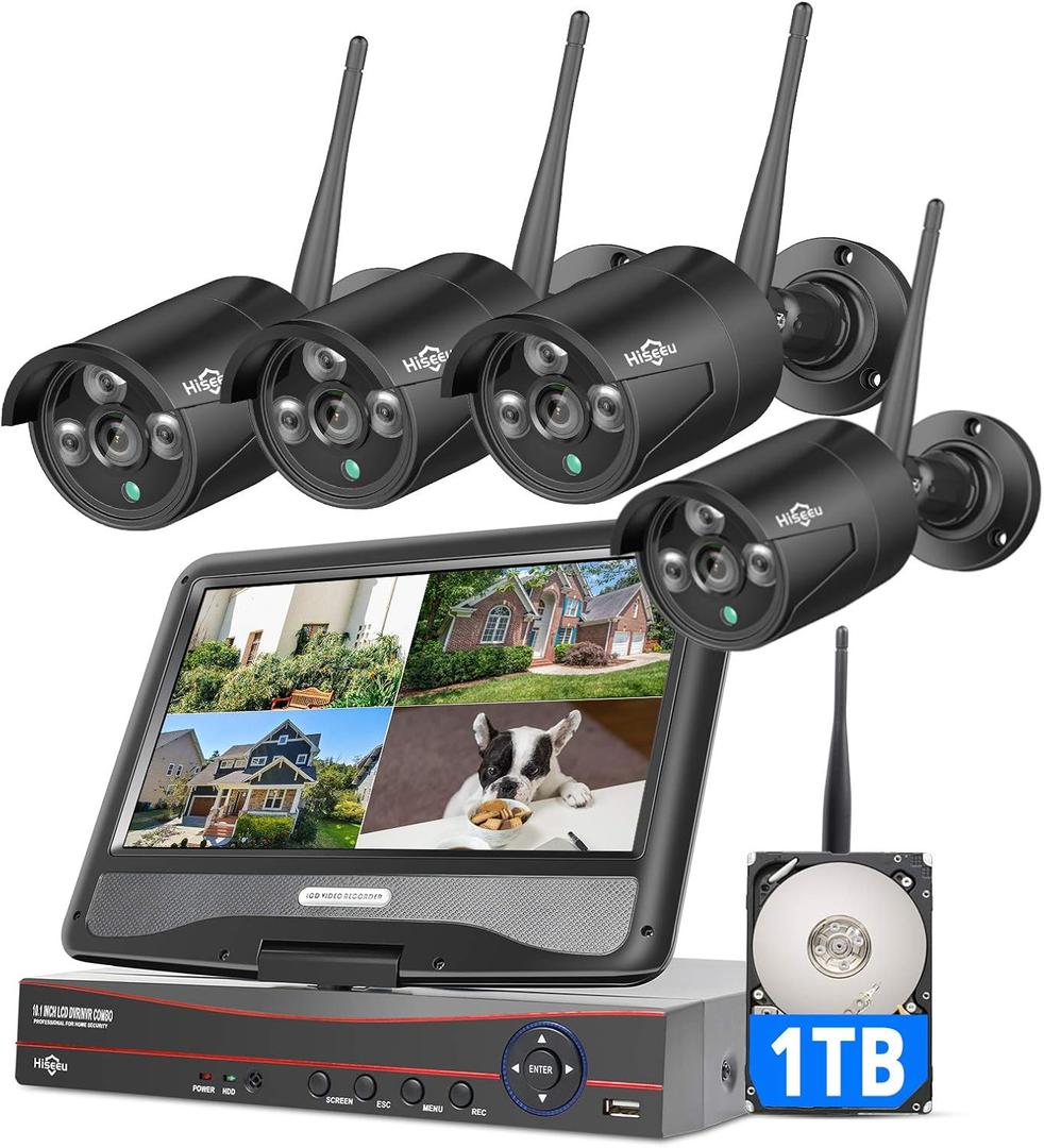 Hiseeu [16CH Expandable, 5MP] 2.4G/5G Wireless Pro Security Camera System, 10.1" LCD 8MP Monitor, 4Pcs 5MP Outdoor Indoor Cameras, One-Way Audio, Plug & Play, Waterproof, Motion Detection, 1TB HDD