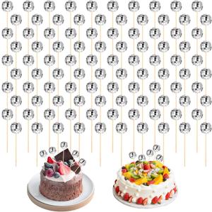 100 Pieces Disco Ball Cupcake Toppers, Disco Ball Cake Picks Mini Disco Ball Decorations Cake Topper Sticks for 70s Theme Disco Party, Birthday, New Year, Party Favor