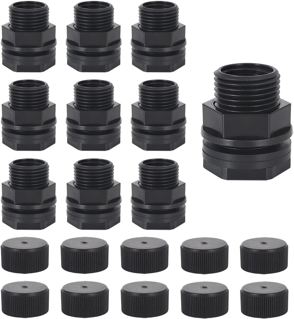 Garden Hose Bulkhead Fitting with Plug, Dual 1/2" Female NPT x 3/4" Male GHT (Garden Hose Thread) Bulkhead Tank Fitting for Rain Barrels, Aquariums (10 Pack)
