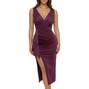 CurvySweet Deep V Neck Wrap Formal Midi Cocktail Dress Sleeveless Thigh Slit Ruffle Ruched Fall Wedding Guest Dress for Women Burgundy