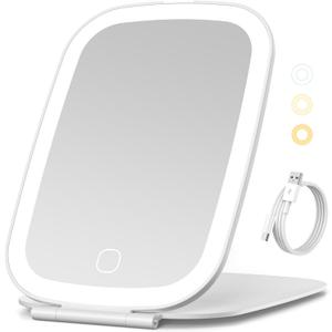 NEZZOE Travel Mirror with LED Light, Rechargeable Portable Lighted Makeup Mirror, 3 Lighting Modes Dimmable Touch Control, Foldable Compact Vanity Mirror for Travel Tabletop, 7x5 Inch