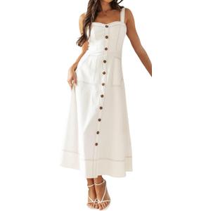chouyatou Women's Adjustable Strap Midi Long Denim Dress 2025 Button Down A-Line Swing Flowy Jean Dress (Off-white) 