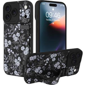 Compatible with iPhone 17 Pro Max Case for Women Men, White Flower | Floral Pattern, Built in Adjustable Metal Wrist Strap Grip Hand Holder Kickstand Soft Silicone Cover 6.9 Inch, Black