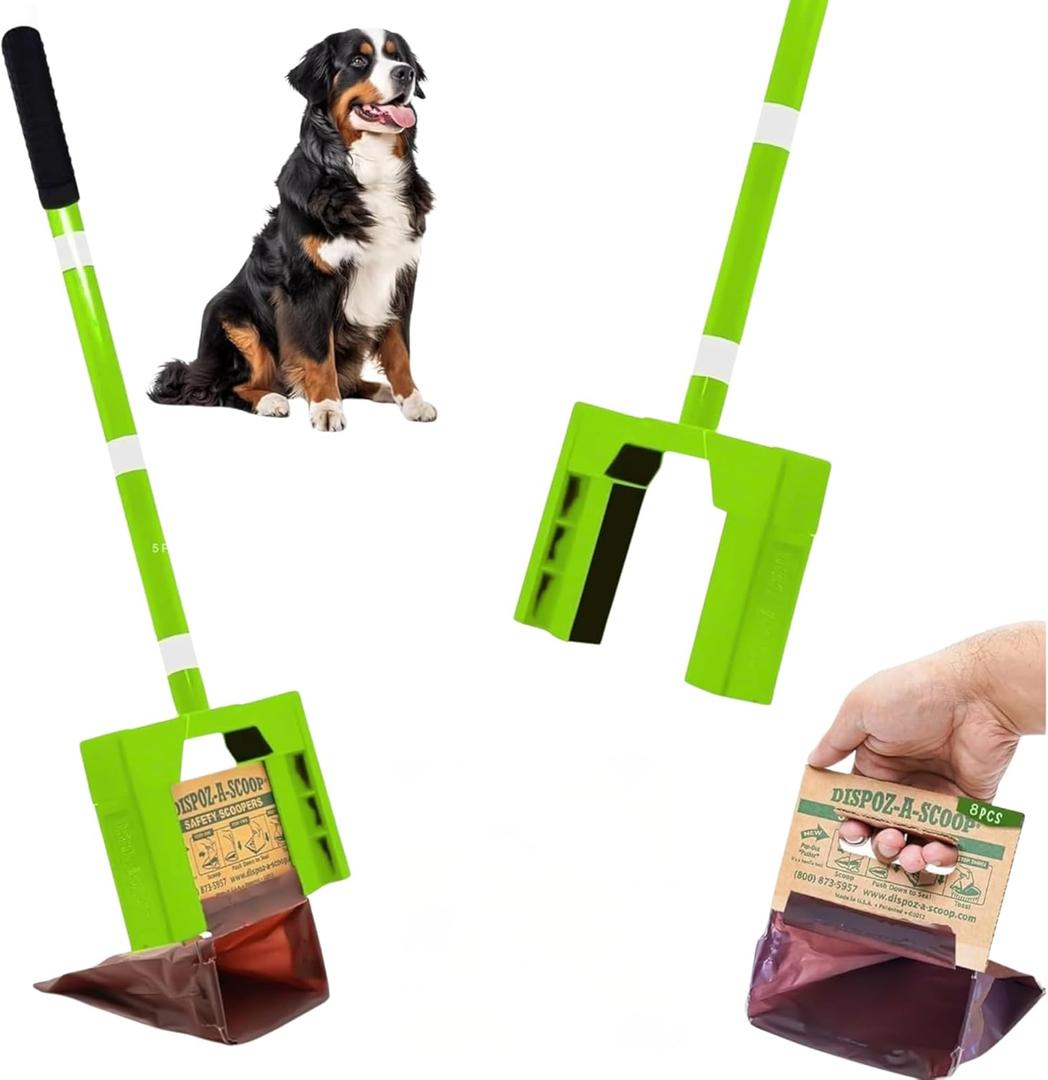 Dispoz-A-Scoop 24" Dog Pooper Scooper with Long Handle & 8 Refill Bags - Heavy Duty ABS Poop Scooper for Dogs up to 100lbs., All Breeds - Hygienic Dog Poop Scoop with Bag Attachment