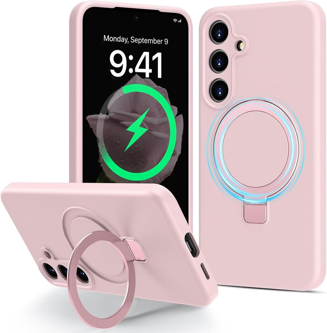 for Galaxy S25 Case with Stand, Slim Liquid Silicone Phone Cases for Samsung Galaxy S25 Compatible with MagSafe, Full Camera Protection Magnetic Kickstand Cover Case for Samsung S25, Pink
