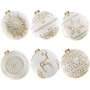 Lanpn 6 Pcs 6" Large Christmas Balls Ornaments, Outdoor Xmas Tree Hanging Decorations, Shatterproof Christmas Ball Ornament Set for Winter Holiday Home, Assorted Relief Pattern, White & Gold