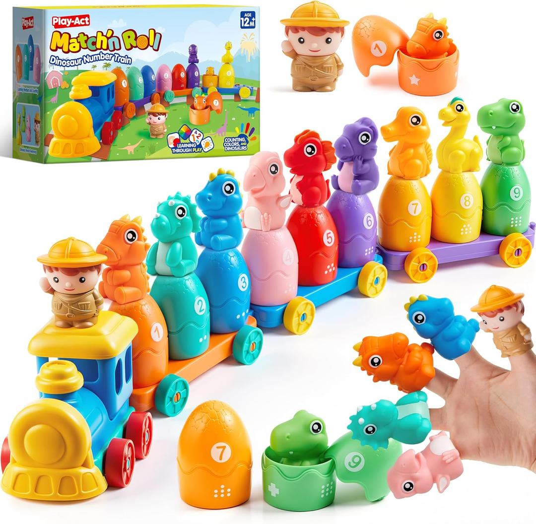 Play-Act Learning Toy for Toddlers 1 2 3 Years Old, Counting, Matching & Sorting Montessori Learning Dinosaur Train Including 9 Dinosaurs, Birthday Gift for Baby Boys Girls