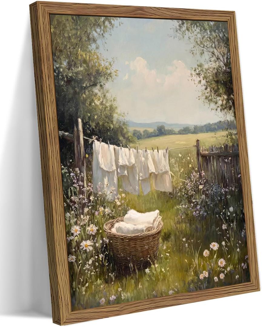 Vintage Wood Framed Laundry Room Wall Art, Farmhouse Clothesline Decor, 24"L x 16"W