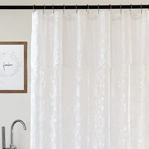 TERLYTEX White Lace Shower Curtain with Attached Valance, Rustic Vine Floral Embroidered Scalloped Lace Sheer Shower Curtain 72 Inch Length for Farmhouse Bathroom, 72 x 72 Inch, 1 Panel, White