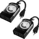 Outdoor Timer Outlet Waterproof, 24 Hour Mechanical Timer Outlet for Home and Garden, 2 Grounded, 15A 3/4HP, Black, 2 Pack