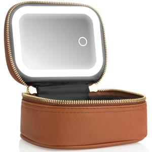 Mini Makeup Bag with Led Mirror, Small Travel Make up Bag 3 Light Modes Adjustable Brightness, for Women Organizer Cosmetic Bag, Portable Travel Train Toiletry Bag, for Pool Parties Work Touch-Ups (Brown)