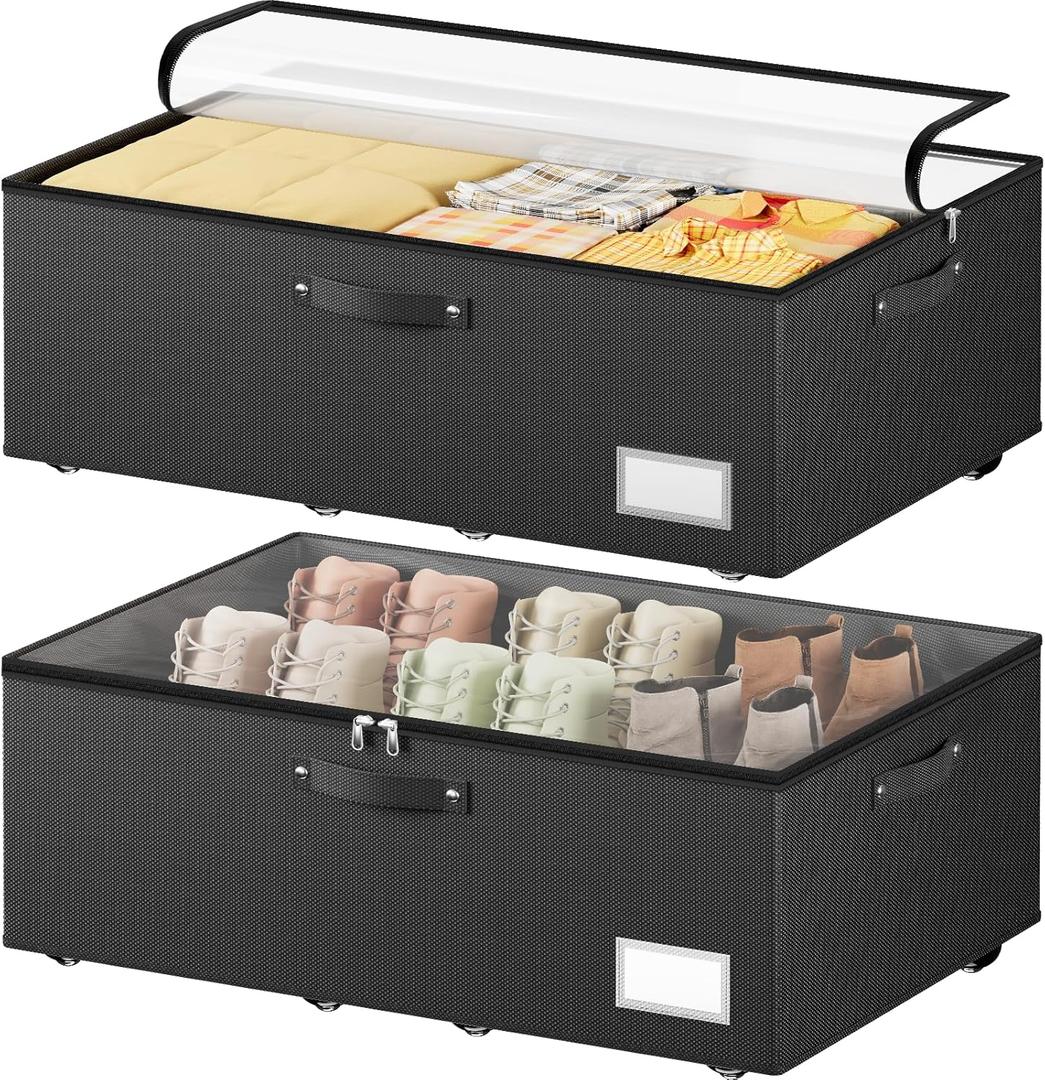 Dayacoco Under Bed Storage With Wheels,10 Inches Under Bed Storage Containers,65L Large Capacity,No Assembly Required Rolling Under Bed Storage for Clothes,Blankets,Shoes,Black