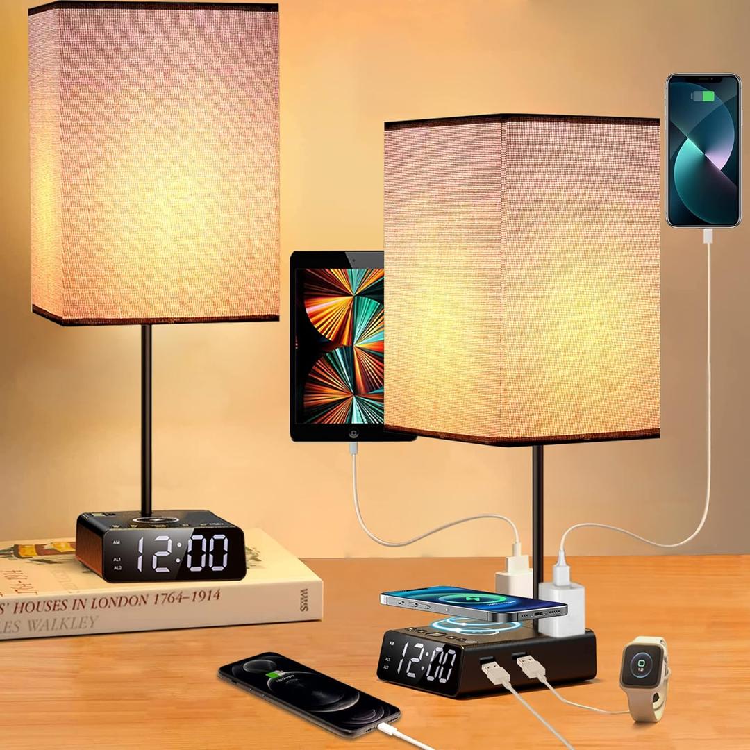Table Lamps for Bedroom Set of 2 - Touch Bedside Lamp with Wireless Charger & 2 USB Charging Ports & 2 AC Outlets, Alarm Clock Base,Dimmable Nightstand Lamps with Square Fabric Shade for Living Room