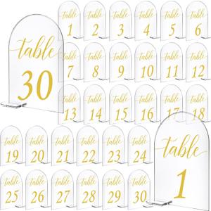 30 Sets Arch Acrylic Sign Gold Printed 1-30 Table Signs with Stands Calligraphy Clear Table Number Display Stand for Wedding Reception Event Party Restaurant Centerpieces Decor (5 x 7 Inch)
