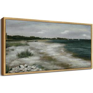SHENIFY 20x40in Extra Large Vintage Framed Wall Art Seaside Coastal Landscape Painting Retro Beach Scenery Farmhouse Bedroom Above of Bed Living Room Decor - Natural Framed