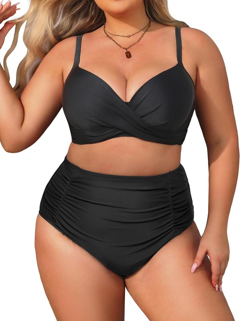 Aqua Eve Women Plus Size Underwire Bikini Two Piece Swimsuit High Waisted Tummy Control Bathing Suit (Black) 20W