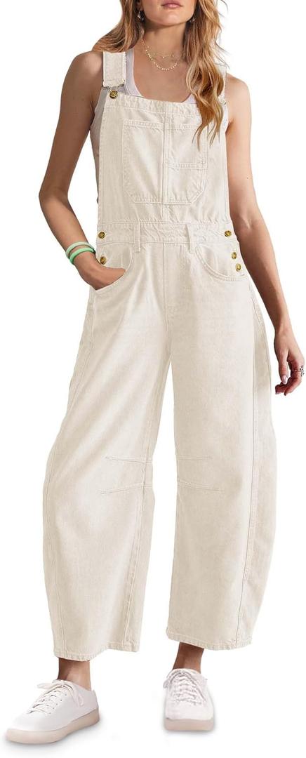ReachMe Womens Casual Adjustable Bib Overalls Classic Wide Leg Jumpsuits Vintage Barrel Overalls Baggy Pants with Pockets (Small, Beige)