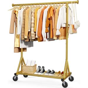 Heavy Duty Stainless Steel Rolling Clothes Rack with Mesh Shelf, Lockable Wheels & Anti-Slip Stoppers, Large Capacity Clothing Organizer for Bedroom, Laundry Room, 42.5" x 16.5" x 65.9", Gold