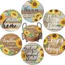 6PCS Coaster Set - Vintage Ottoman Floral Design, Absorbent Round Coasters with Cork Base and Metal Holder, Sunflower