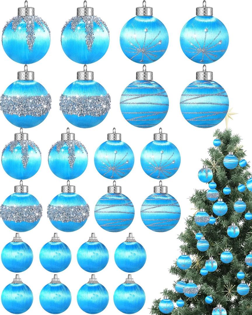 Poen 24 Pcs Christmas Balls Ornaments 3 Size Satin Silk Xmas Hanging Ball Decorations Luxury Shatterproof Christmas Tree Decor for Xmas Holiday Wedding Party Decoration(Teal)