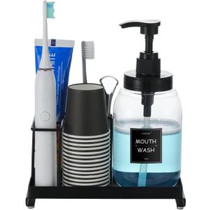 Mouthwash Dispenser with Toothbrush Holder,Mouth Wash Pump Bottle with Stainless Steel Cup Holder,24 OZ Refillable Clear Mouthwash Container with 21Pcs Paper Cups