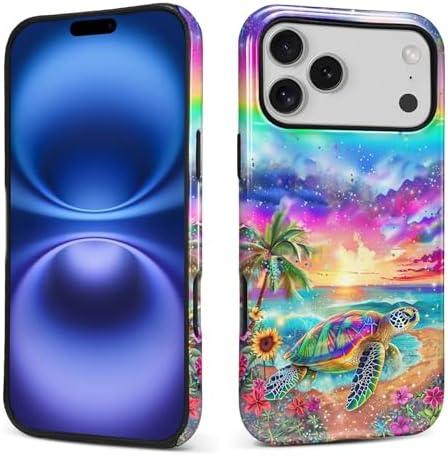 MQJCYB Case for iPhone 17 Pro Max,Hybrid Heavy Duty 2 in 1 Full Body Rugged Shockproof Protection Glossy Case for iPhone 17 Pro Max Sea Turtle Sunflowers