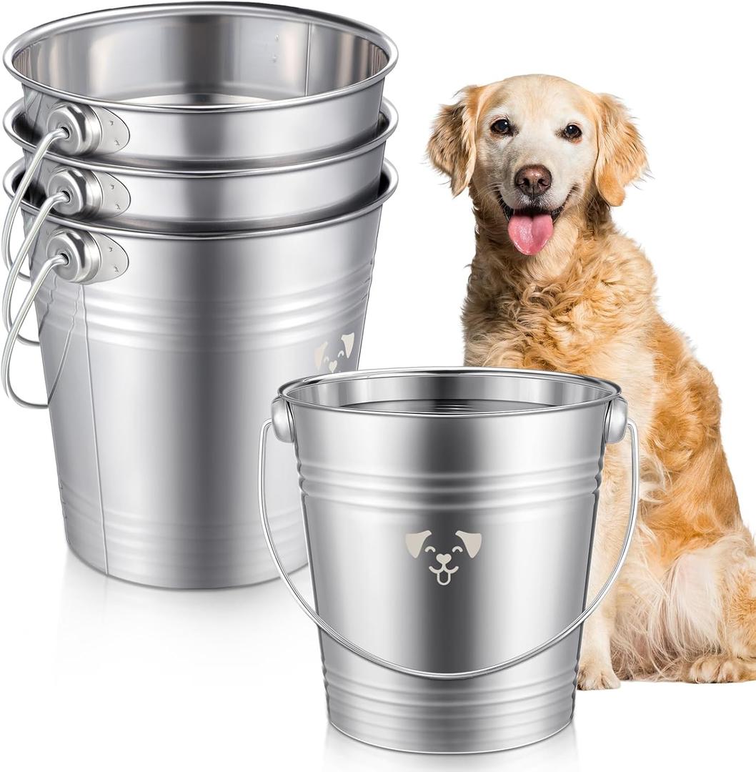 Hicarer 4 Pcs 6 Quart Stainless Steel Dog Water Bucket, Heavy Duty Stainless Steel Bucket Water Pails for Dogs Pets, Kennels Farms Fences Christmas, Silver