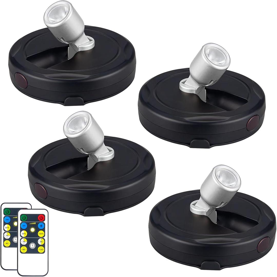 HAMVIDNE LED Spotlight, Battery Powered Picture Lights, Uplighting Indoor, Puck Lights with Remote, Stick Spot Light for Wall Display Dartboard Painting Artwork Accent-Silver4Pack