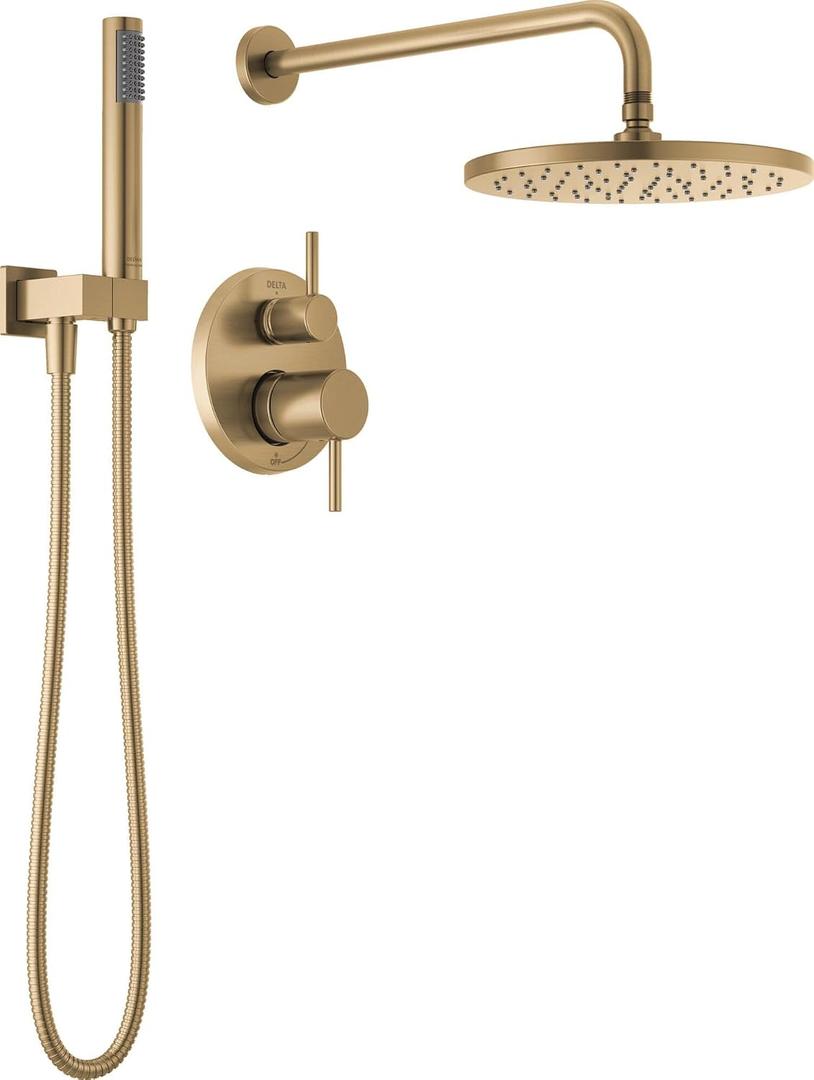 Delta Modern 14 Series Round Rain Shower System Faucet Set, Rainfall Brushed Gold Shower Head and Handle Set, Valve Trim Kit, 10 Inch, Champagne Bronze 342702-CZ, Pattern Name: With Rough