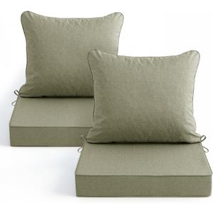Summsun Water Resistant Outdoor Chair Cushions, Faux Linen Backrest and Deep Seat Cushion Set with Ties, Removable Cover, Non-Slip Bottom for Patio Furniture, 22 x 22 Inch, Mocca Green, Set of 2