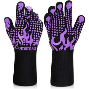 Comsmart BBQ Gloves, 1472 Degree F Heat Resistant Grilling Gloves Silicone Non-Slip Oven Gloves Long Kitchen Gloves for Barbecue, Cooking, Baking, Cutting (Purple)
