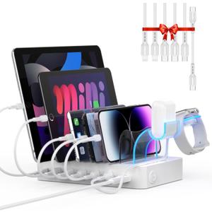 SooPii 60W 6-Port Charging Station for Multiple Devices, PD 20W USB C Fast Charging for lPhone 14/13/12,6 Short Cables Included, 2 in 1 Holder,for Phones,Tablets and Others,White