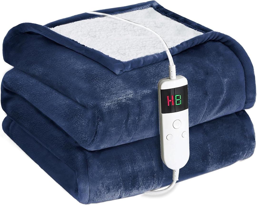 DANENOSA Electric Heated Blanket Throw Size 50''x60'' Soft Flannel & Sherpa Electric Blanket with 10 Heating Levels, Automatically Shut Down After 8h with Overheat Protection Machine Washable