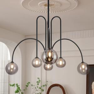 Black Chandelier Modern 6 Lights Sputnik Chandelier Large L40 Mid Century Ceiling Pendant Light Fixtures with Smoke Glass Globe Shades for Living Dining Room Foyer Bedroom