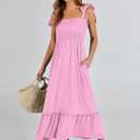 ANRABESS Women Summer Casual Strap Smocked Maxi Flowy Tiered A Line Beach Travel Sundress Wedding Guest Outfits Pink X-Large (Pink, Small)