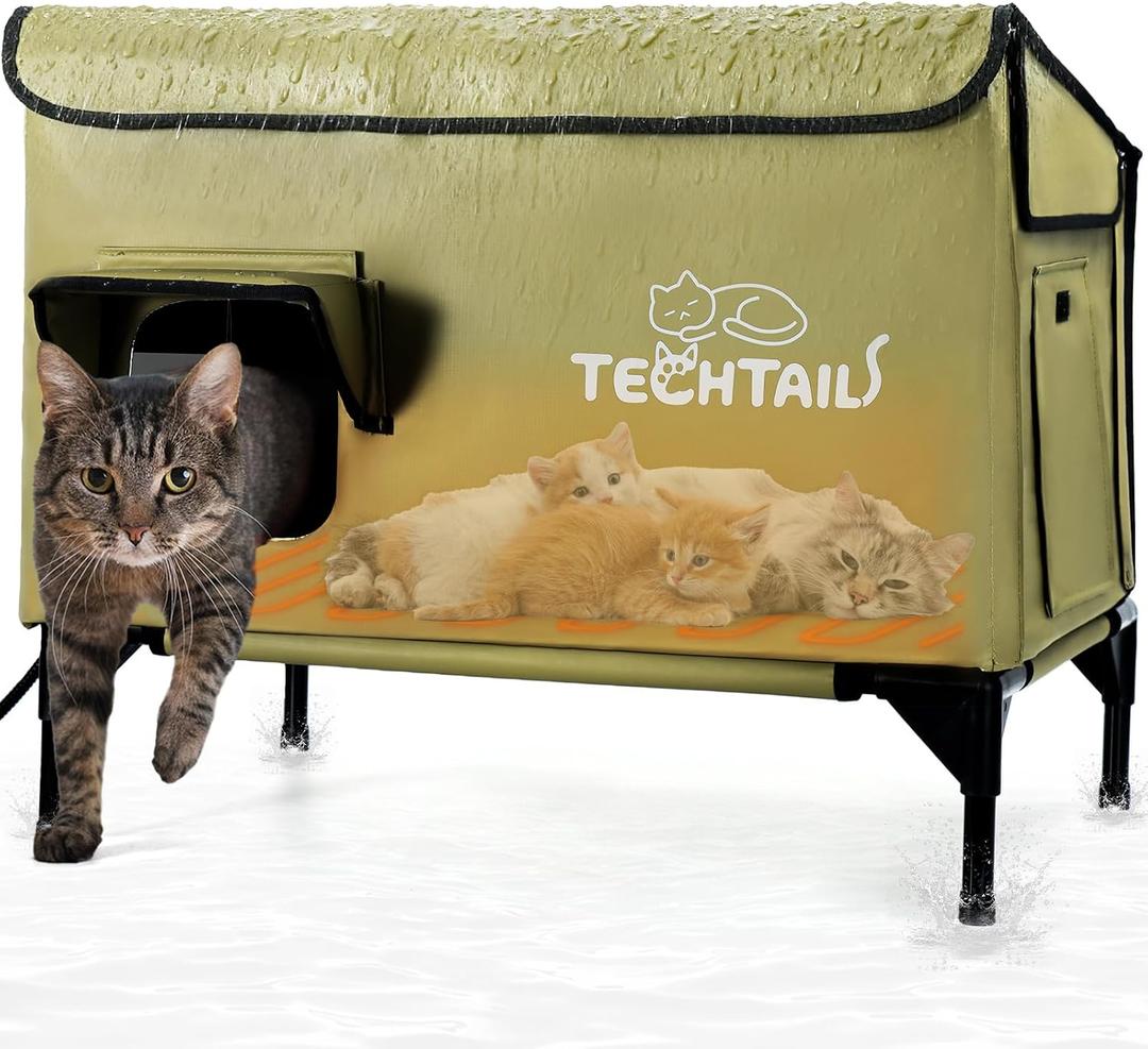 Large Heated Outdoor Cat House for Outside Winter, Insulated Weatherproof Cat Shelter with Slanted Roof, Escape Door & Heating Pad, Elevated Kitty Bed Feral Cat House for Outdoor Cats Stray Barn Cat