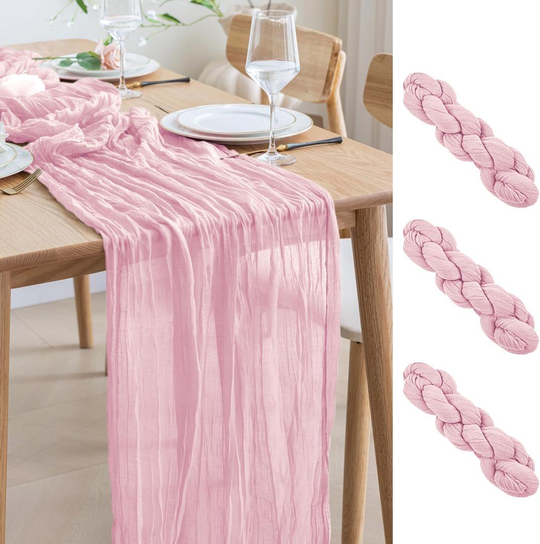 Asee'm 3pcs Cheesecloth Table Runner 120 Inches Blushing Pink Spring Easter Boho Gauze Cheese Cloth Runner 10FT Rustic Sheer Table Runners for Wedding Baby Shower Holiday Party Decoration