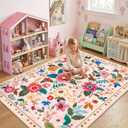RELEANY Floral Nursery 6x9 Area Rugs Washable Print Boho Cute Carpet Non Slip Flower Low Pile for Living Room Kids Girls Playroom Bedroom Kitchen Office Farmhouse-Pink