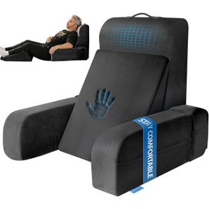 Kayfia Reading Pillow, Gel Memory Foam Back Rest Pillow, 21'', Black | 3 Storage Pockets, Dual-Use Back Leg Support Pillow, Detachable Armrests, Ideal for Reading, Gaming, Working on Bed & Couch