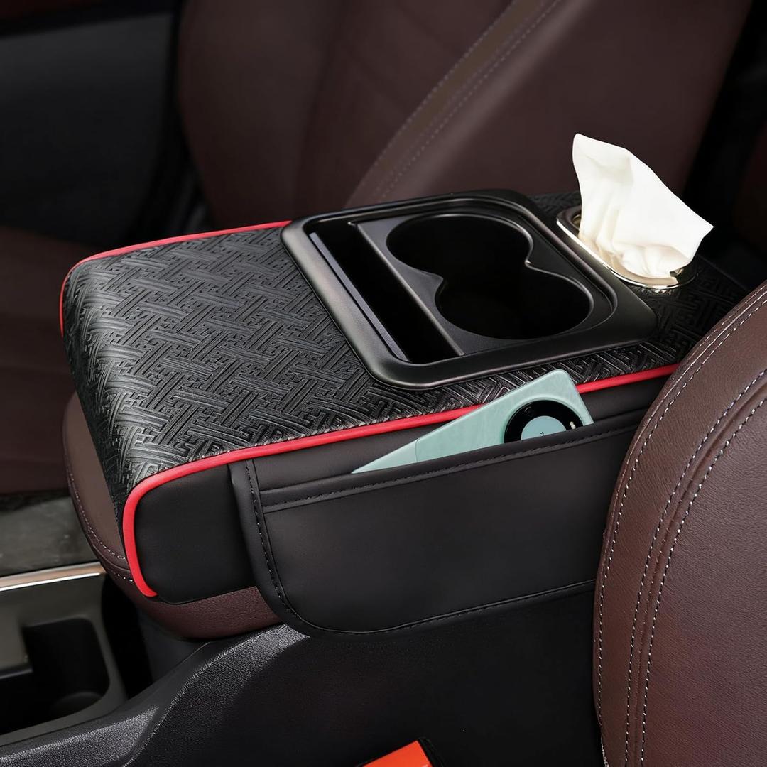 Car Middle Center Console Cover with Cup Holder for Long Driving,Car Armrest Cover for SUV,Truck-2.95in Height-Lifts Arms to Relax Muscles,Multi-Functional Storage for Trips Scratch-Resistant