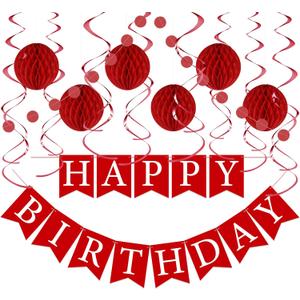 Red Birthday Decorations Kit - 16-Piece Set with Pre-Strung Happy Birthday Banner, Honeycomb Balls, Garland & Swirls | Red Theme Party Supplies for Women Girls Kids, Teens Adults