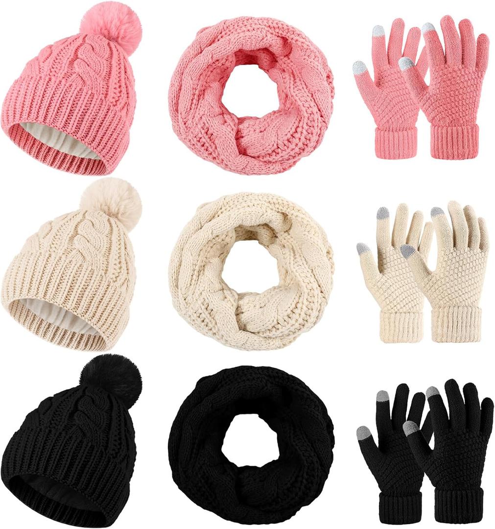 Liitrsh 12 Pcs Winter Beanie Hat Scarf Gloves Set Knitted Beanie Hat Circle Scarves Gloves Earmuff for Women Men (Black, Pink, Beige)