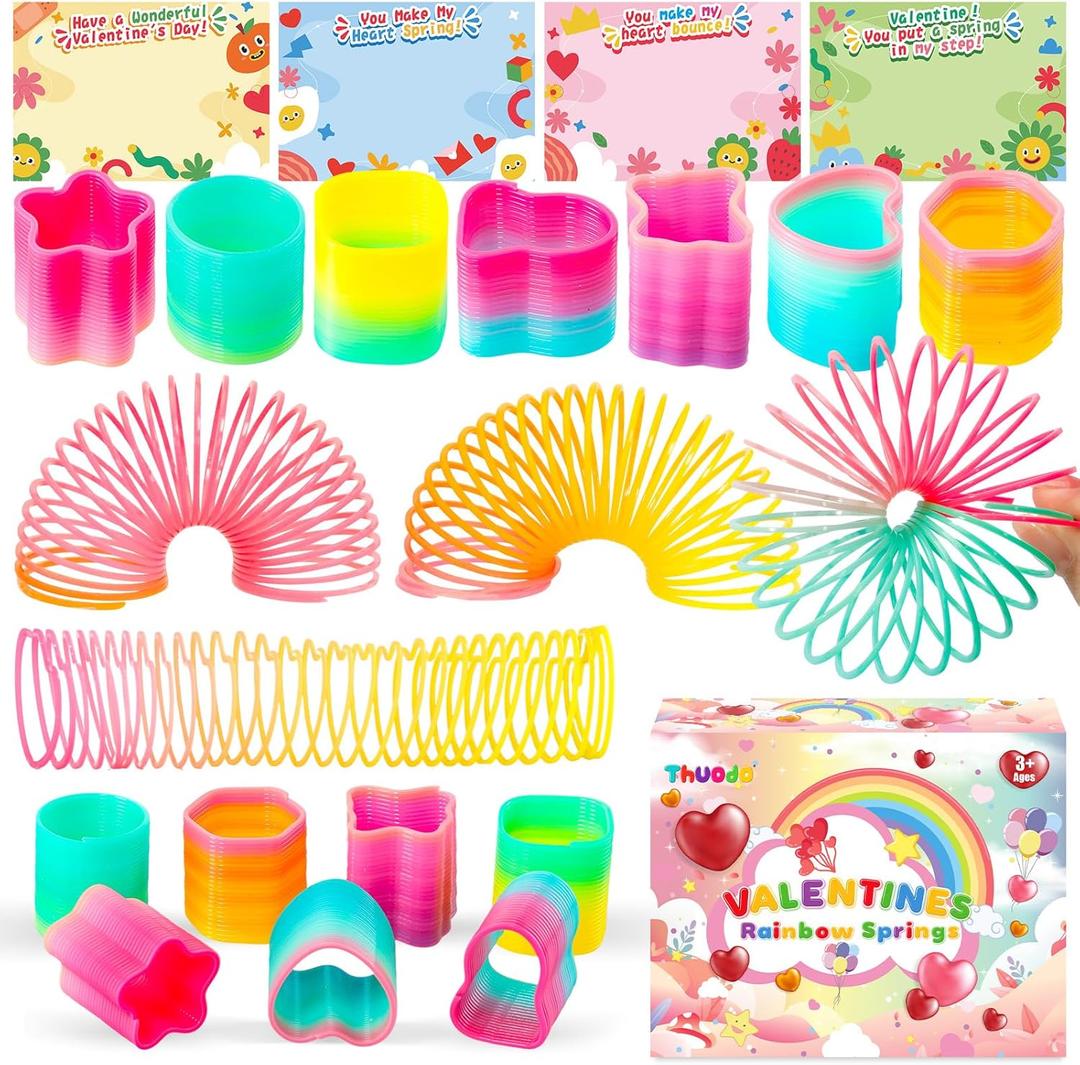 32 Pack Valentines Cards for Kids Classroom with Rainbow Coil Spring Stress Relieve Anxiety Toys, Valentines Day Gifts For Kids Boys Girls Game Prizes Party Favors Supplies