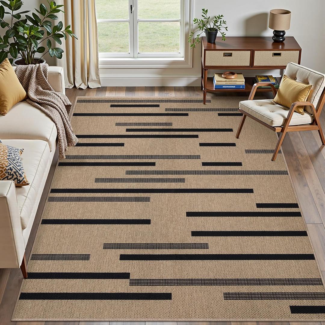Tangsoo Washable Stripe Easy Jute Rug 4x6 for Paito,Non-Slip Indoor Outdoor Thin Carpet,Farmhouse Black Throw Mat for Front Porch Dining Room Bedroom Backyard Foyer