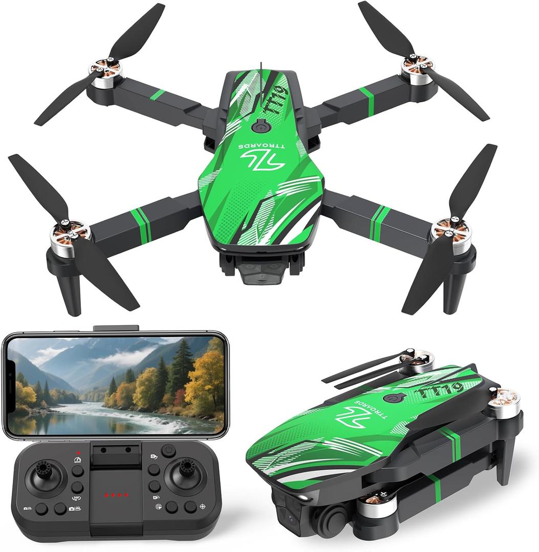 TT19 Drone with 1080P Camera for Adults, Drones with 270 Obstacle Avoidance Function, Brushless Motor, Level 3 Wind Resistance, Foldable Quadcopter Mini Drone for Beginners, Green