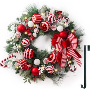 Valery Madelyn 30'' Pre-Lit Christmas Wreath for Front Door with Lights, Large Lighted Outdoor Christmas Wreath with Red White Xmas Balls & Bow for Home Porch Fireplace Window Holiday Wall Decor